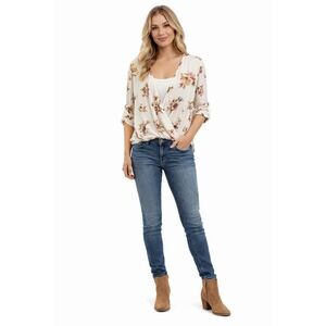 Staccato Women's Wrap Blouse Size M Cream Floral Cowgirl Western Rodeo Casual